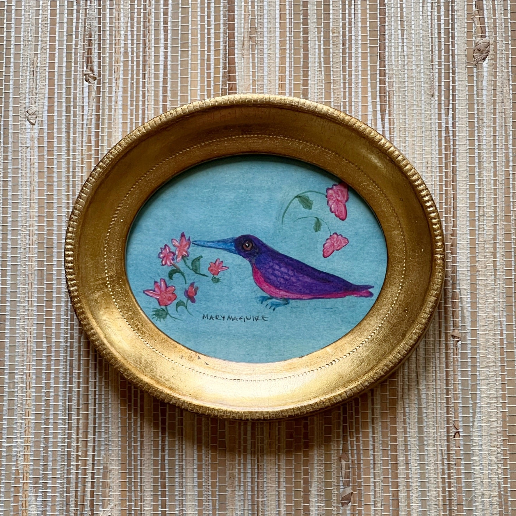 'Purple and Pink Hummingbird with Flowers'
