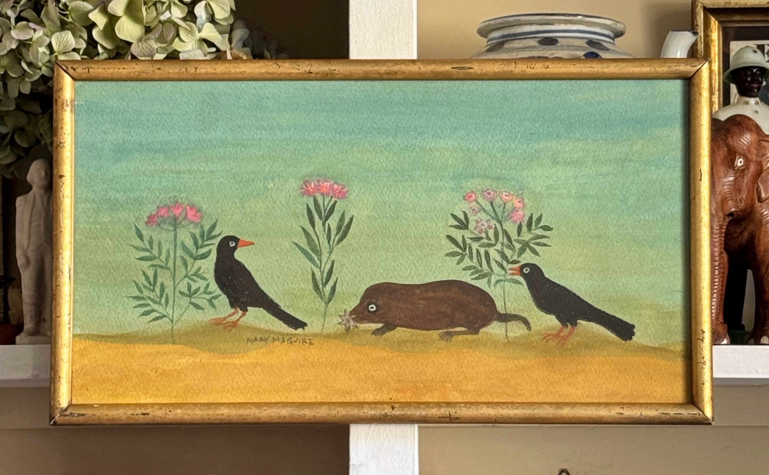 ‘Two Black Birds and a Vole' -Original Watercolor Painting