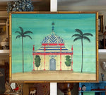 'Blue and White Herringbone Garden Folly with Palms'