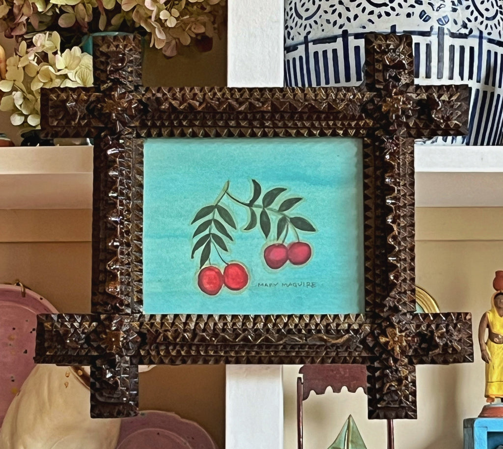 'Plump Cherries’ -Original Watercolor Painting in Tramp Art Frame