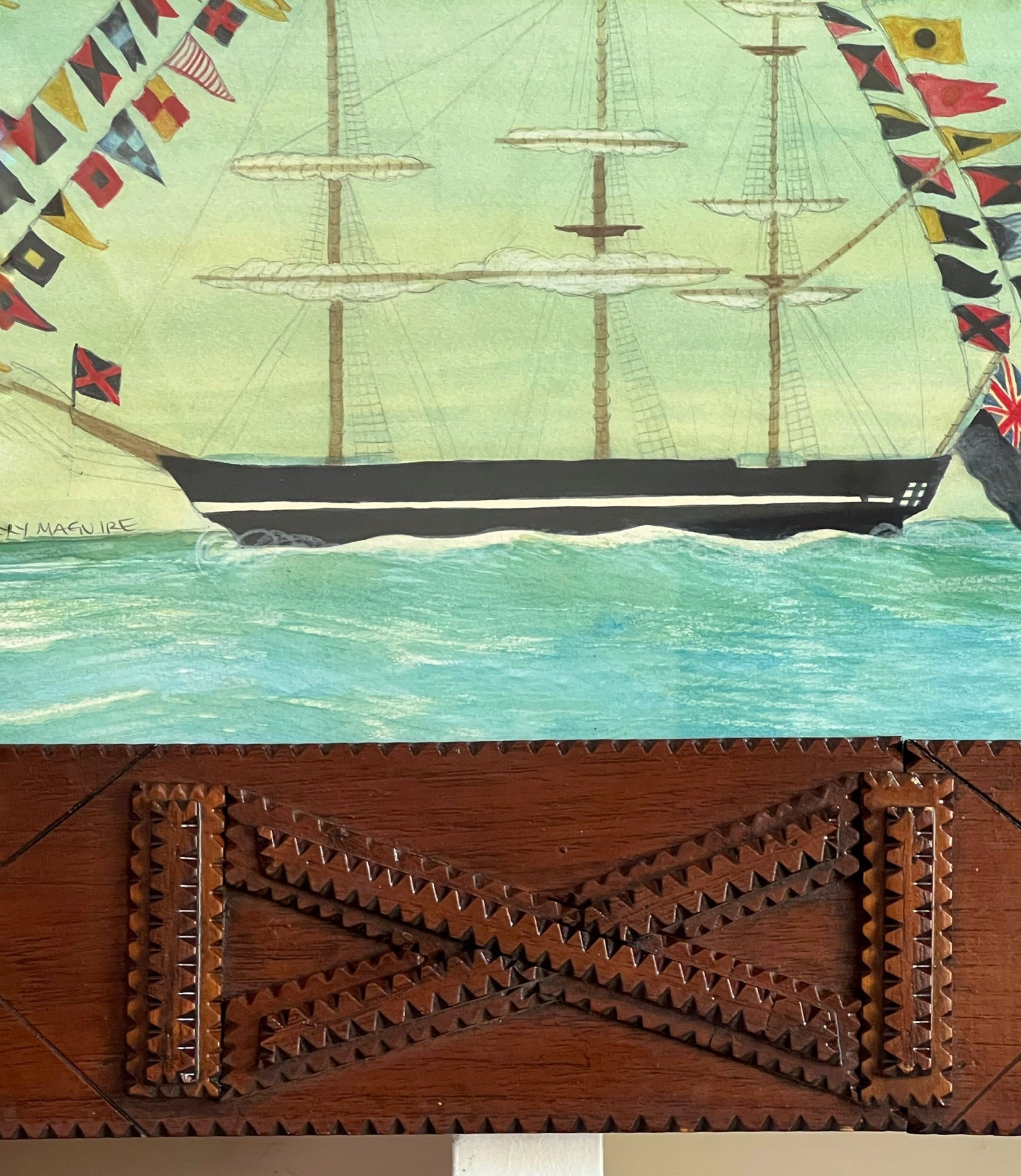 Clipper Ship with 'All Flags Flying’ in a Tramp Art frame