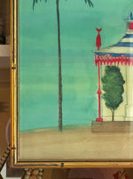 'Blue and White Herringbone Garden Folly with Palms'