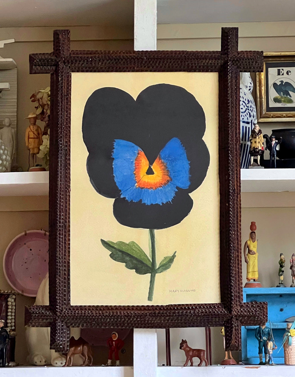 ‘Black and Blue Winter Pansy' in Tramp Art Frame