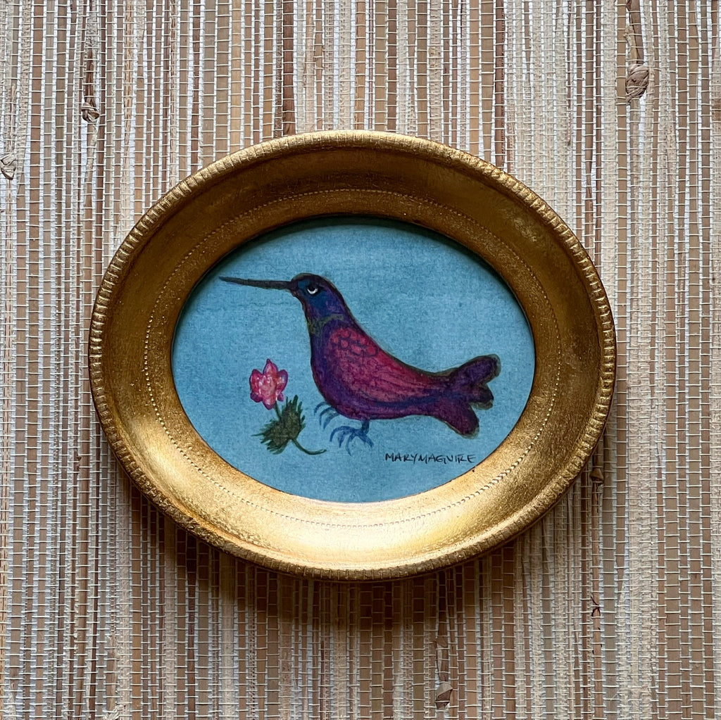 'Deep Blue and Pink Hummingbird with Flower'