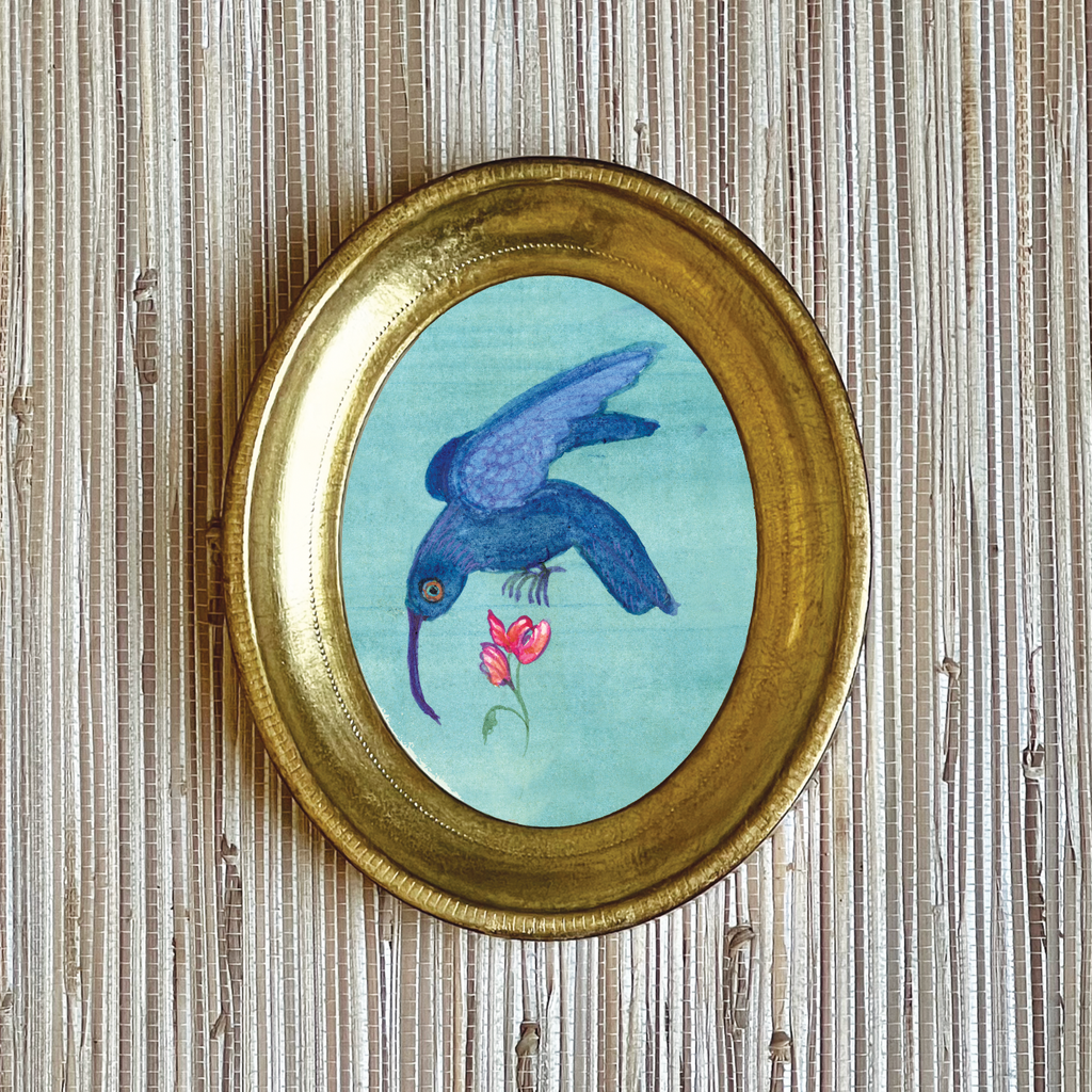 'Blue Hummingbird with Flower' in 5 1/2 x 7 oval