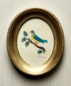 'Yellow-Breasted Bluebird on a Branch' -5 1/2 x 6 3/4 inch gilt oval